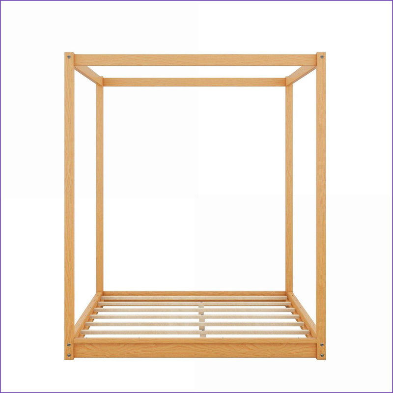 Queen Size Pine Wood Canopy Platform Bed with Support Legs, No Box Spring Needed, Natural Finish for Master Bedroom, Natural