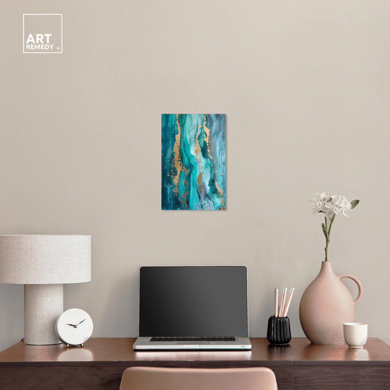 Sea Blue and Gold Abstract Canvas Wall Art, 15" x 10"