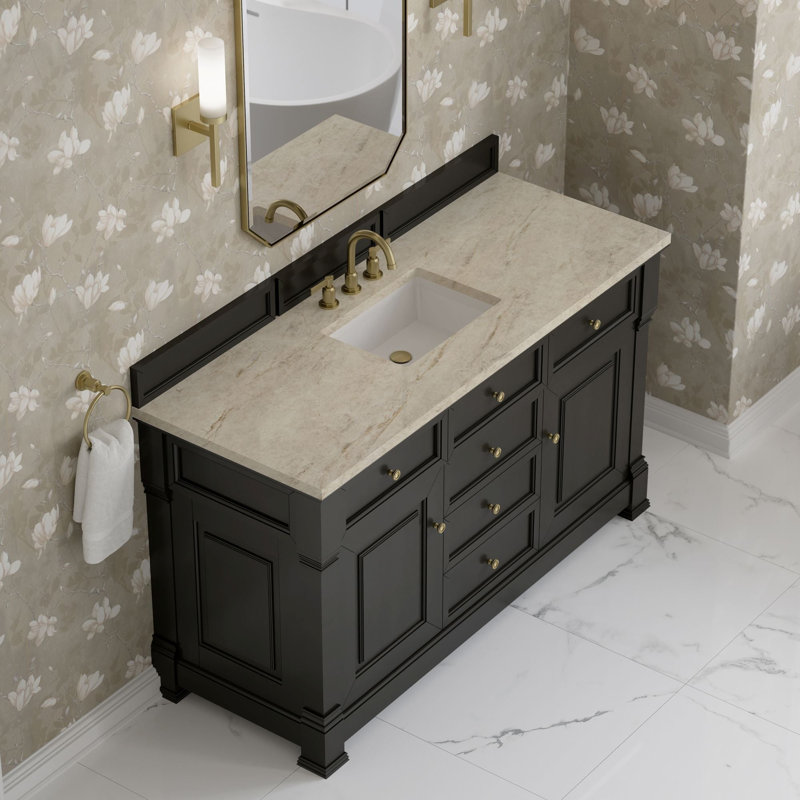 Meuble-lavabo simple avec plateau Brookfield, À entraxe, Noir onyx, Tajnar Eclos