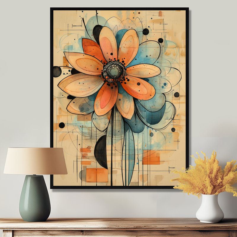 Pastel géométrique Dahlia Twist I - art mural Dahlia, H 20 po x l 12 po, Reproduction avec cadre flottant, Noir