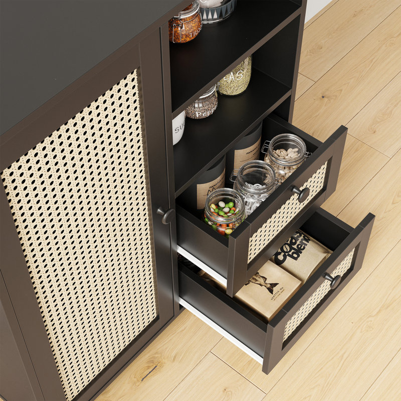 Buffet en rotin avec tablette réglable, Black