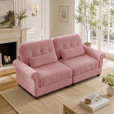Canapé 2 places en chenille, coussin d'assise à bords froncés, accoudoirs arrondis avec coussins de soutien lombaire, assise ferme et moelleuse, montage rapide idéal pour les petits appartements et chambres, rose