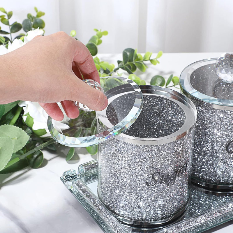 Set Of 4 Sparky Glass Crushed Diamonds Canisters Set For Sugar Coffee Tea Features Tray, Luxurious Storage Containers Sets With Lids Decorative Storage Pots For Kitchen Counter Dining Room
