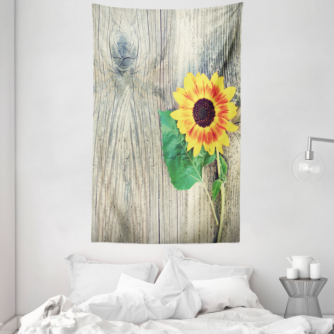 Wandteppich, Holzplatte Bouquet, Sonnenblume, Braun Grün Gelb