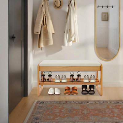 Banc de rangement pour chaussures en bois d'hévéa avec coussin en cuir ciré à l'huile 2 niveaux avec grille de rangement pour chaussures avec rangement caché sous le siège