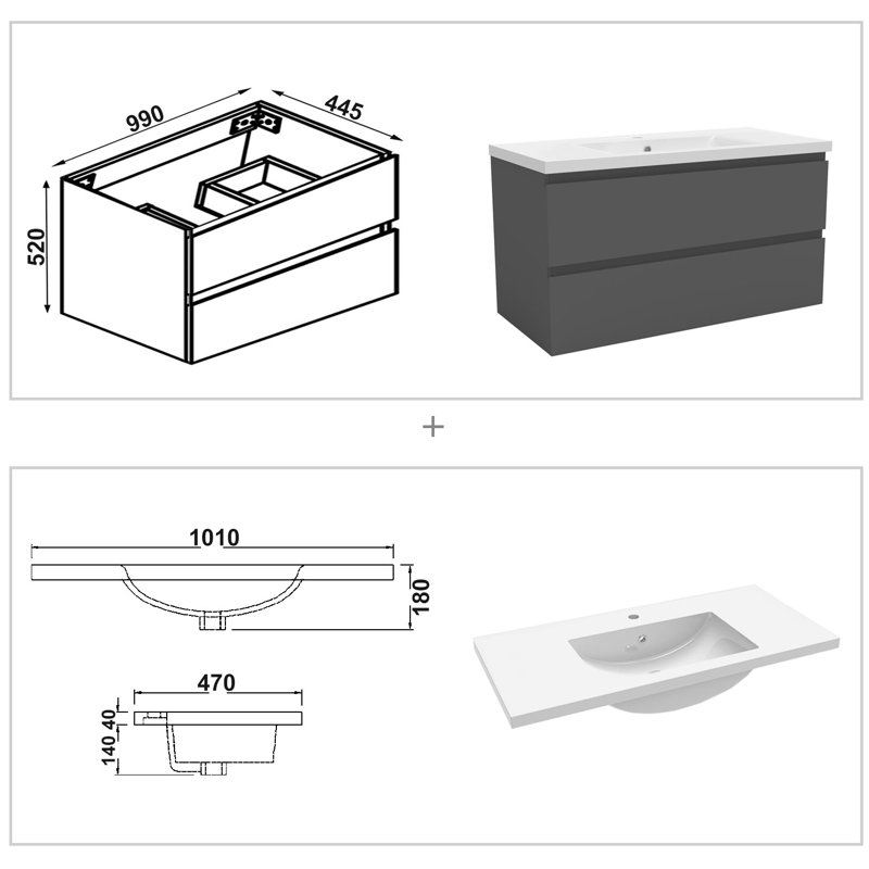 Nodira 990 mm Wall Mounted Combined Vanity Unit with Drop In Resin Basin, Grey