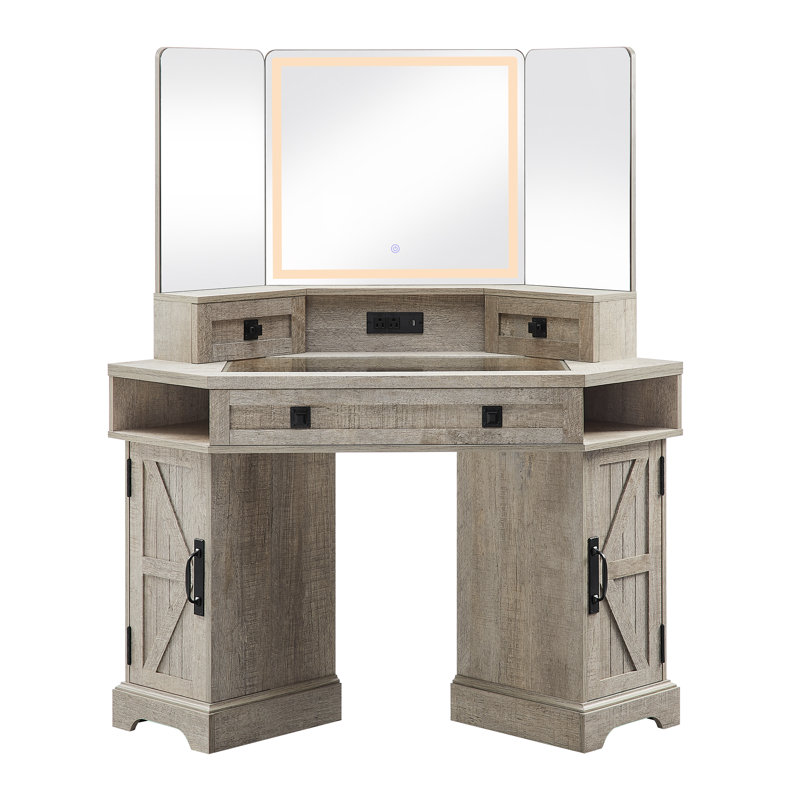 48" Corner Vanity with 3-Sided LED Mirror and Built-in Charging Station, Gray