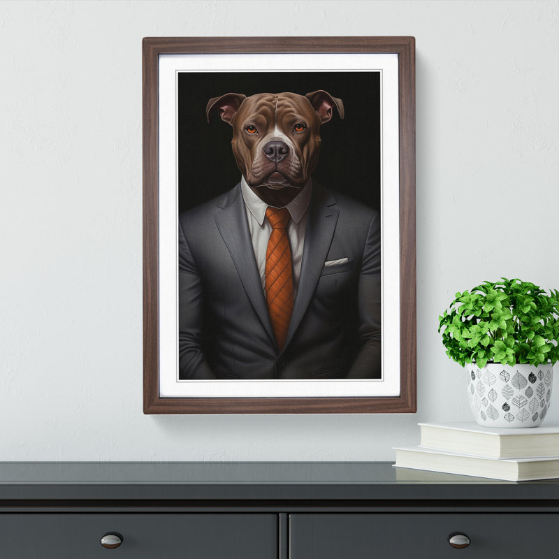 Staffordshire Bull Terrier in a Suit Painting - Framed Print, Walnut Framed, 34cm H x 25cm W x 2cm D
