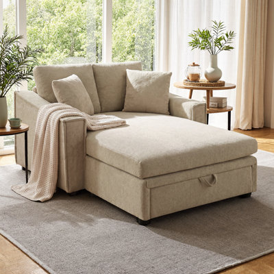 53.5" Modern Chaise Sofa Bed with Hidden Storage, Snowflake Velvet Sleeper Sofa with Rolled Arms, 2-Seat Deep Couch with Pillows for Living Room, Deep Seating at 52"