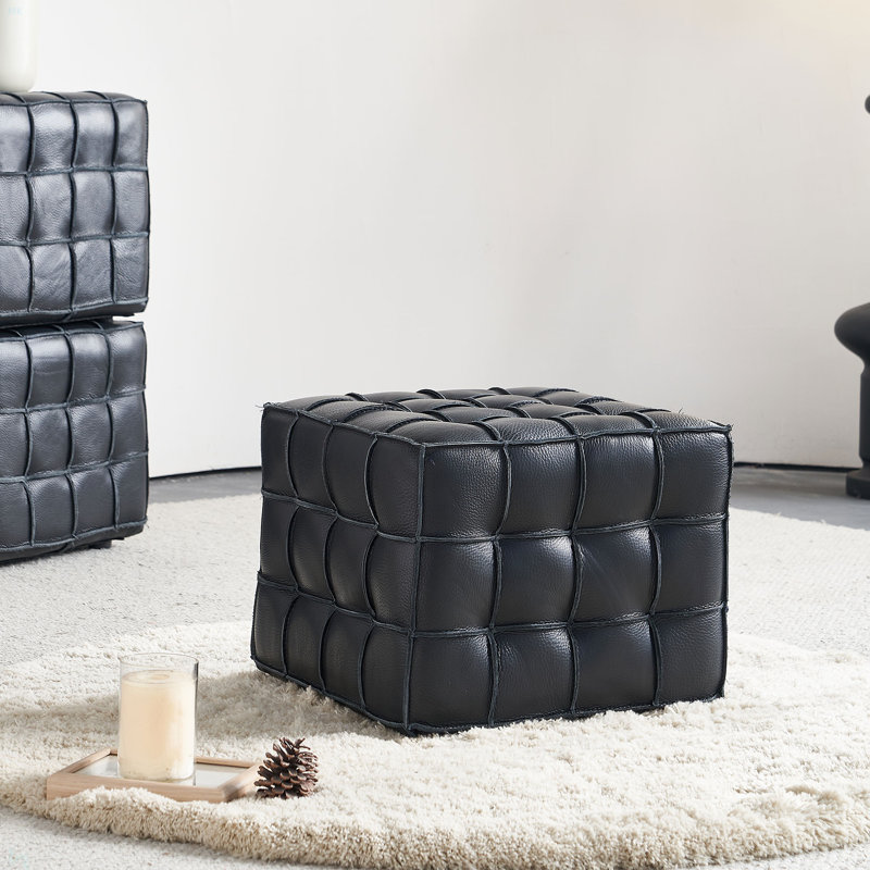 17.32''W Genuine Leather Tufted Ottoman,Footstool For Living Room & Bedroom, Black