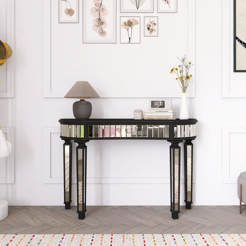 Half-Moon Mirrored Console Table With Fluted Glass & Crystal Knob Drawer, Black