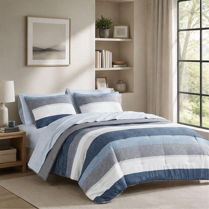 Ensemble de couette rayée avec draps - Bleu/Gris - Grand lit, Full / Double Comforter + 6 Additional Pieces