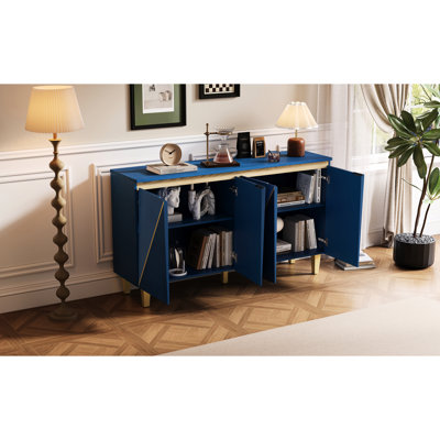 Buffet de rangement 60 "avec 4 portes rétro, effet dimensionnel, tablettes réglables, pieds en bois massif et armoire marine foncé à 4 portes de capacité, trous de câbles,