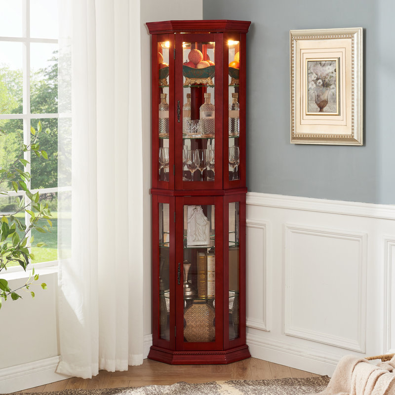 Vitrine en cerisier avec tablettes en verre et options d'éclairage réglables, Cerisier