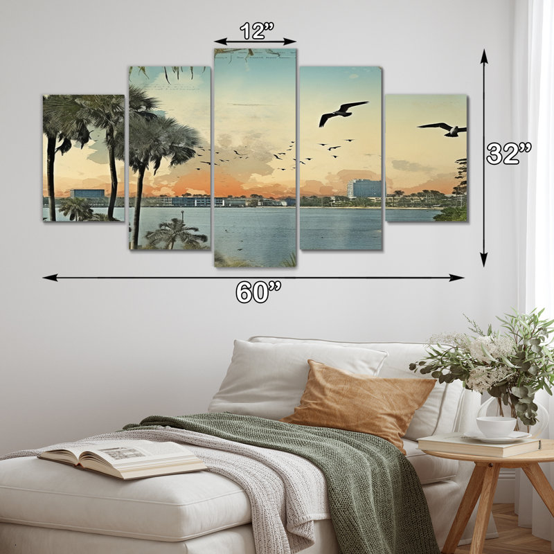 Rétro 1920 Miami Palm Trees Beachside I - Floride, art mural sur toile - 5 panneaux