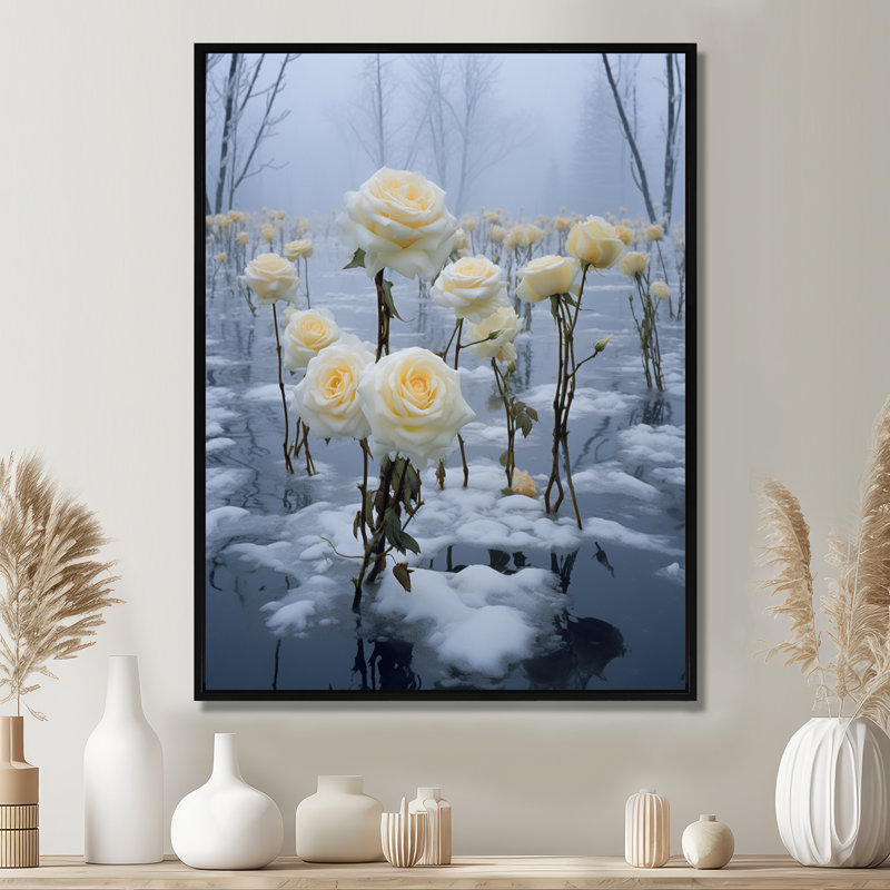 Rose jaune, hiver, neige, lac, roses, art mural, salon, H 20 po x l 12 po x P 1 po, Toile avec cadre flottant noir