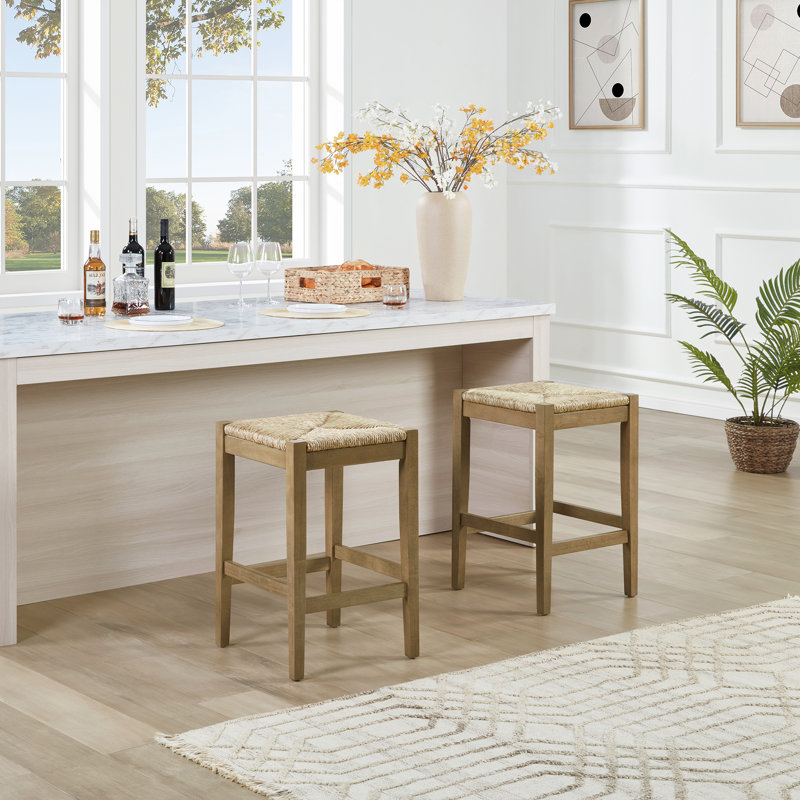 Solid Wood Farmhouse Style Bar Stool With Handwoven Rope Seat, Beige