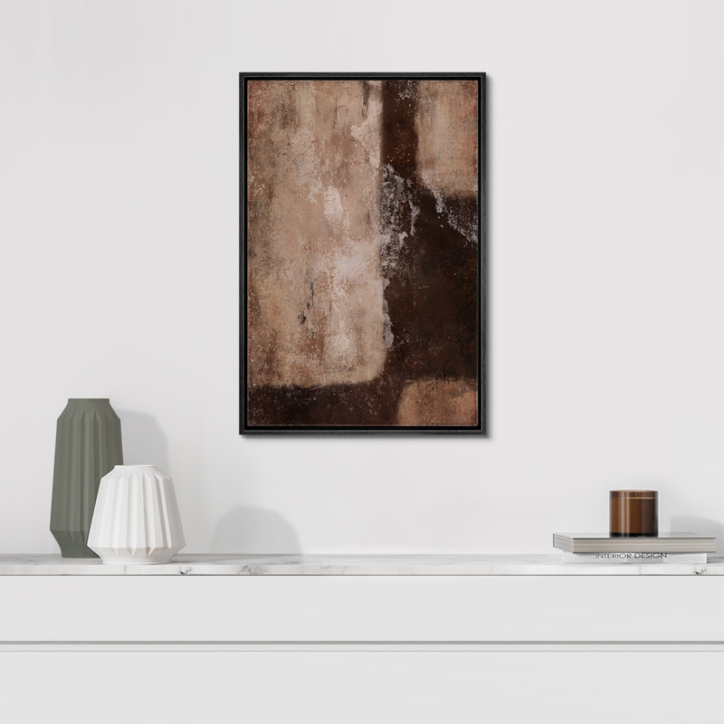 Style Mid-Century brun foncé, formes abstraites neutres, grand cadre rustique, décor minimaliste M27, H 24 po x l 16 po