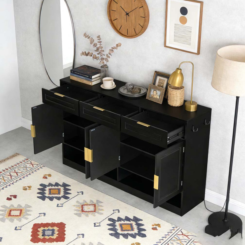 59.1" Multi-Functional Storage Buffet with Adjustable Shelf and Open Storage, Black