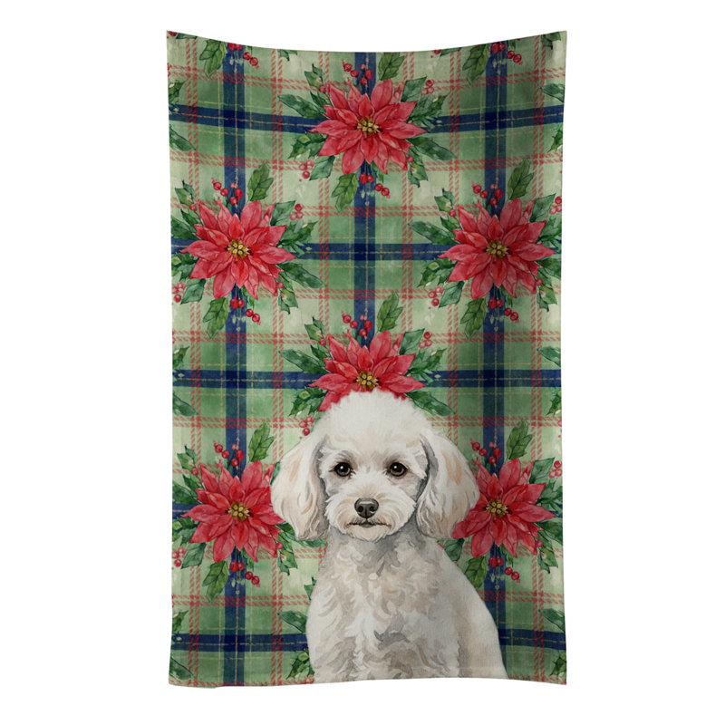 Miniature White Poodle Christmas PoinsettIas Kitchen Towel, Miniature White Poodle