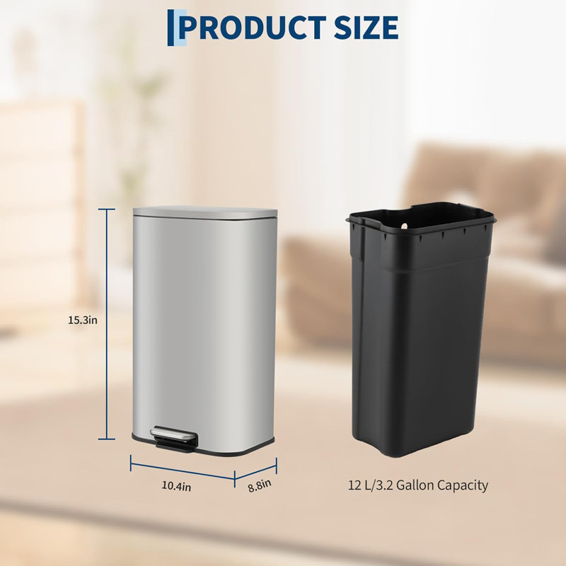 Poubelle de 3,2 gallons pour la cuisine, poubelle pour marches en acier inoxydable avec couvercle à fermeture en douceur et seau intérieur amovible, poubelle rectangulaire pour salle de bain de bureau, argent