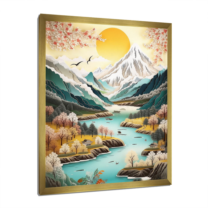 «Snow Covered Mountain Peaks I», reproduction d'art sur toile, H 44 po x l 34 po x P 1,5 po, Encadrement doré