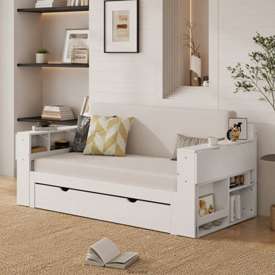 Lit double avec bureau amovible, tiroirs de rangement et table d'appoint hydraulique, blanc