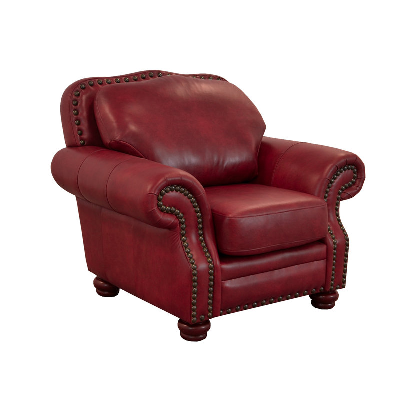 Fauteuil club à accoudoirs roulés en cuir véritable 50 po Somto, Cuir véritable rouge foncé Brompton