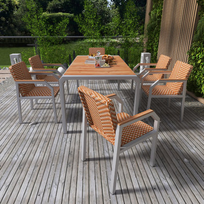 7 Piece Patio Dining Table Set, Outdoor Wicker Furniture Set With 6 Chairs, Two Tone Weave Rattan, Acacia Wood Tabletop