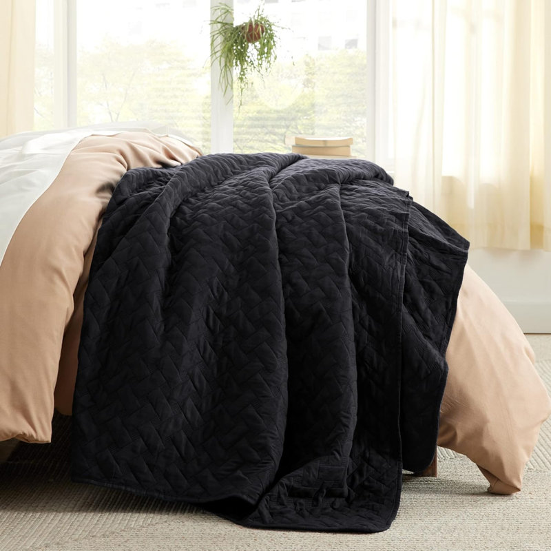 Quilts Lightweight Bedspreads with Basket Weave Pattern, Soft Quilt Bedding Set, Hazel Comforter Set Coverlet, Black