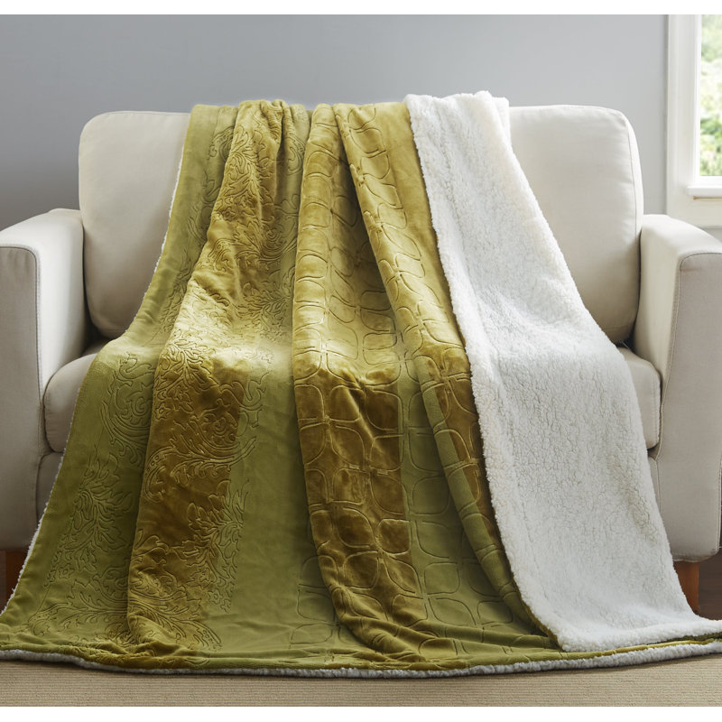  Jeté en sherpa embossé en flanelle, L 90 po x l 90 po, Vert olive