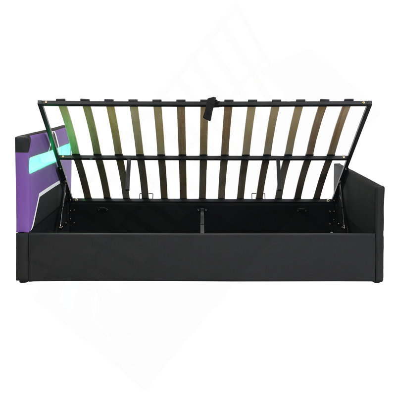 Grand lit de jeu avec tête de lit à DEL intégrée à 7 couleurs, lit plateforme de rangement hydraulique à levage latéral, style Cyberpunk