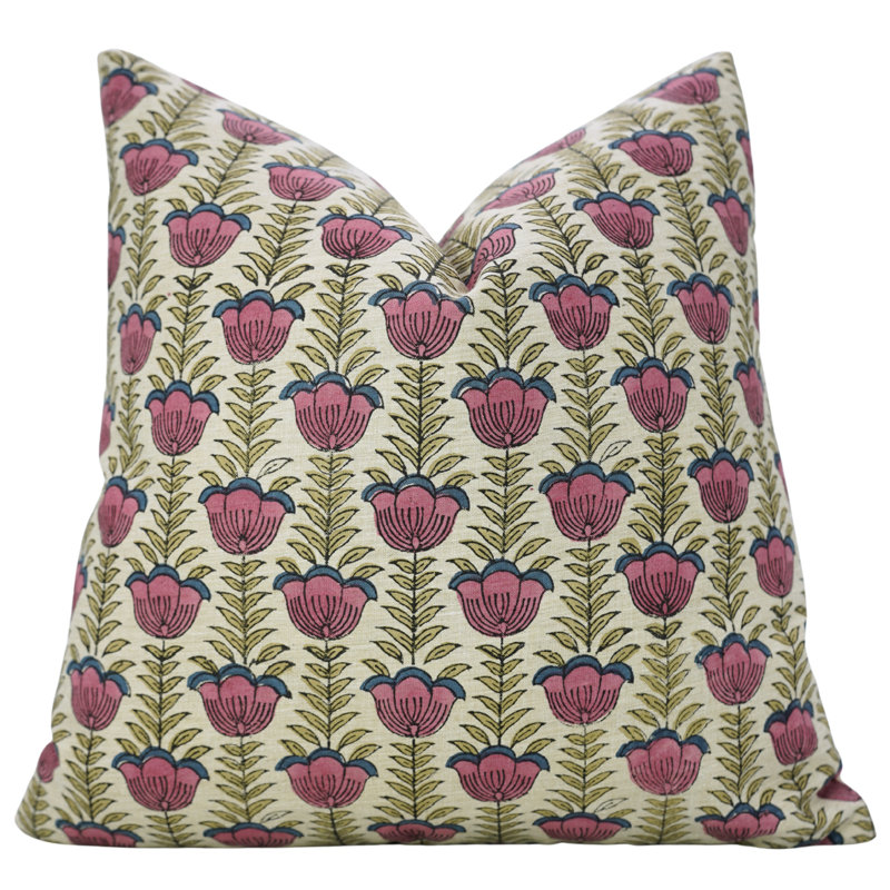 Fabdivine Hand Block Printed Cushion Cover – Rustic Charm for Sofas & Chairs, Lotus, Pink, Square 20"