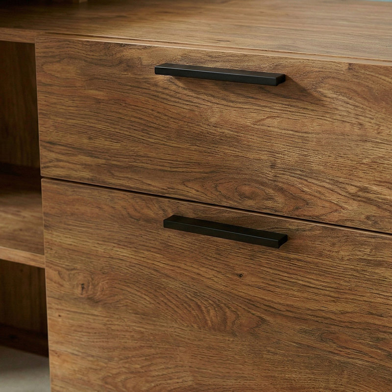 Hermie 55.12'' W L-Shaped Writing Desk with Cabinet, Montana Oak/Black