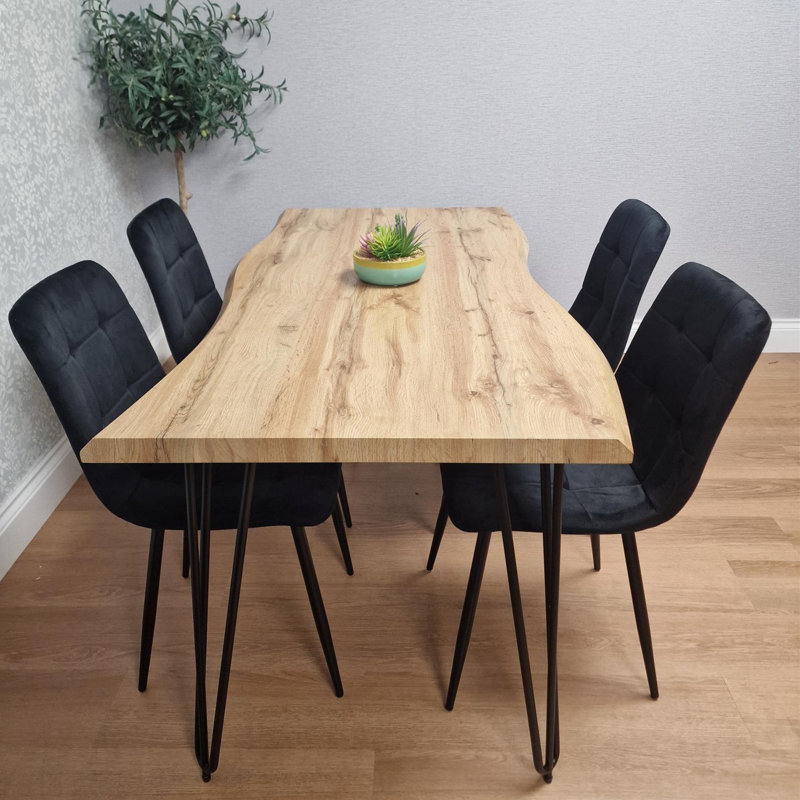 Wooden Dining Table and 4 Velvet Chairs - Stylish Dining Room Furniture, Black, 75cm H x 140cm W x 80cm D