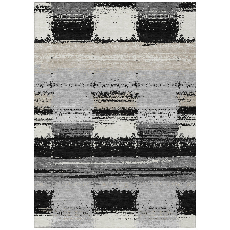 Machine Washable Indoor/Outdoor Chantille ACN2772 Squares Rug, 3' x 5', Black