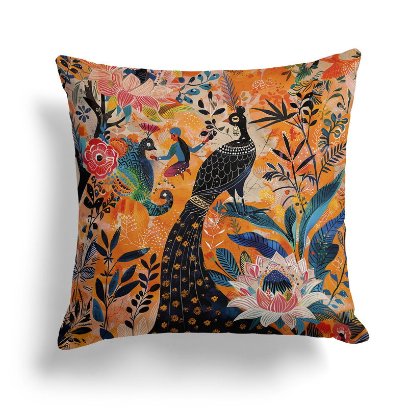 Coussin Jungle Tapisserie, H 20 po x l 20 po, Noir / Orange