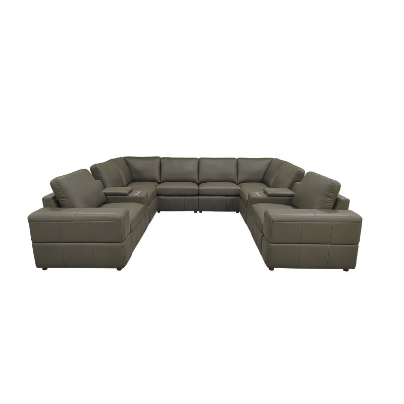 Tunzionkin Leather Match Reclining Modular Sectional, Olive Leather Match