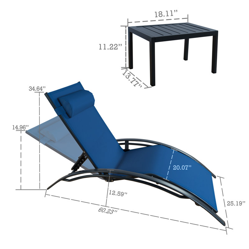  2 Pack Patio Reclining Adjustable Chaise Lounge Aluminum PVC-Coated Polyester with CushionsTable, Gray, Blue