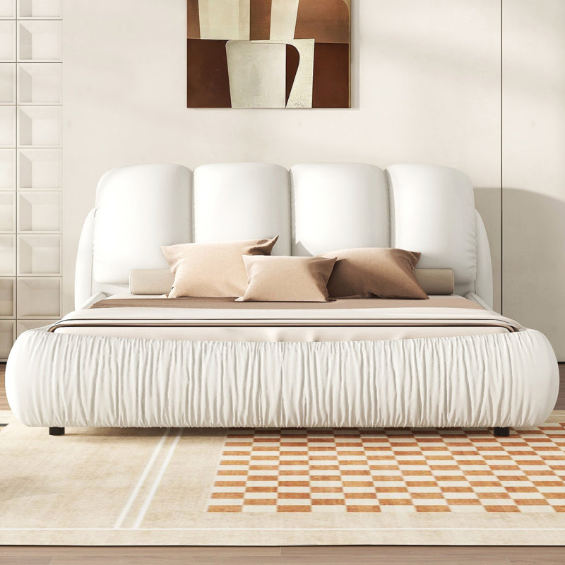 King Size Luxury Upholstered Bed With Thick Headboard, Leather King Bed With Oversized Padded Backrest, Bed Frame