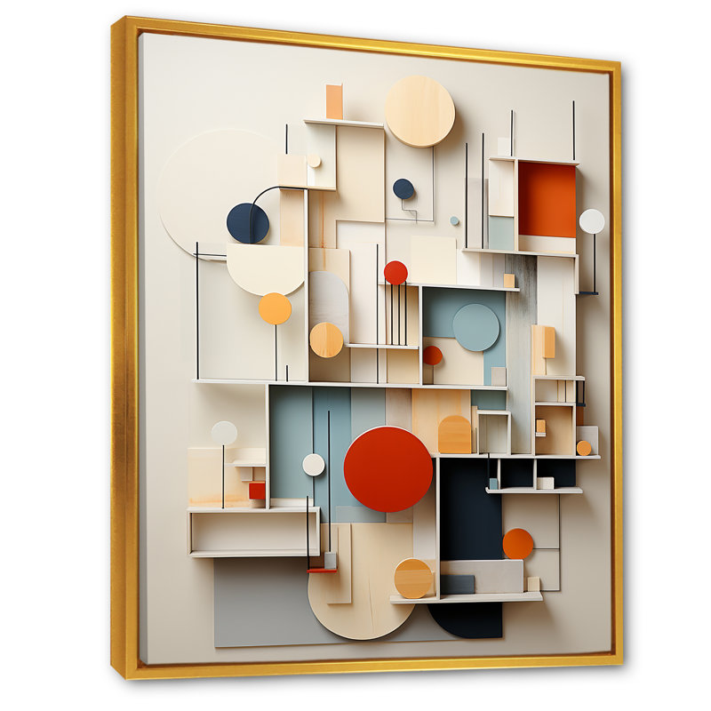 Abstrait géométrique blanc et bleu - Formes essentielles abstraites, Cadre flottant doré, H 20 po x l 12 po x P 1 po