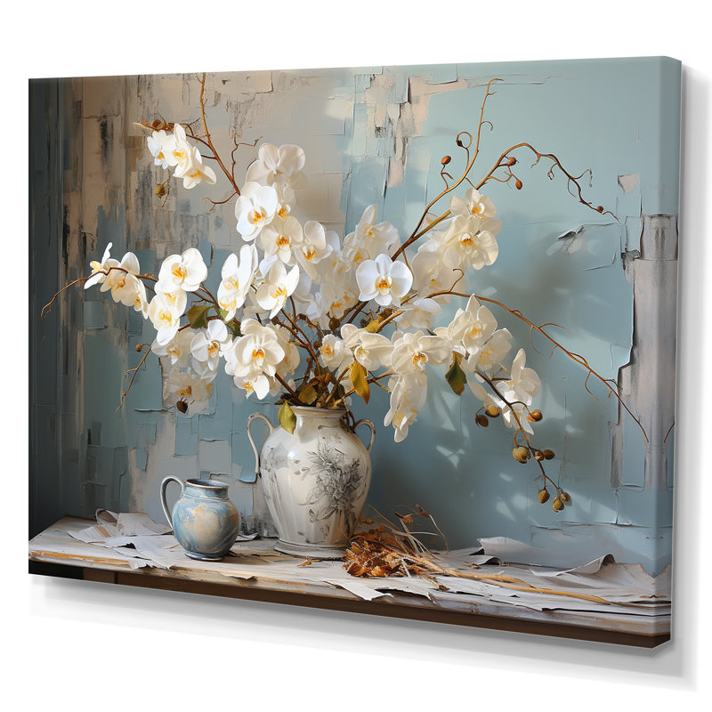 «White Orchids Farmhouse Still Life» sur toile, H 12 po x l 20 po x P 1 po, Toile tendue