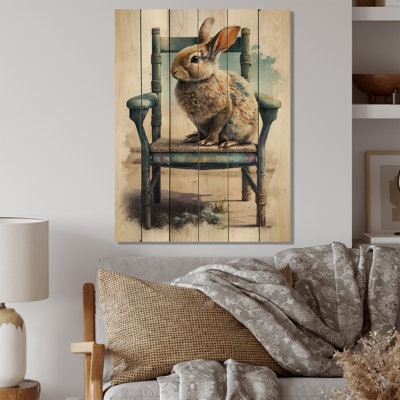 Bunny Sitting On A Wood Chair I - Animals Rabbit Wood Wall Decor