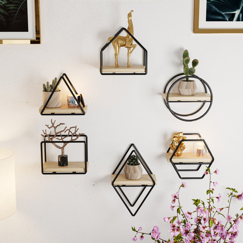 Ensemble de tablettes murales modernes (6 pièces), doré et noir, 5,9 x 3,9 x 6,7 pouces | 100% bois massif avec supports en métal | Conception géométrique élégante, capacité de charge totale: 6,6 lb | Parfait pour les espaces de décoration et d'o
