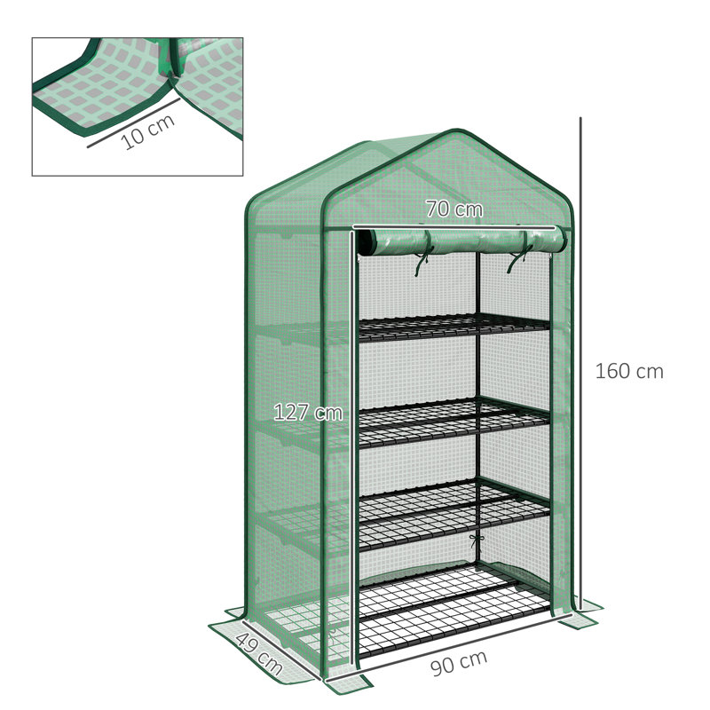 Four Tier Mini 90*49*160 cm Steel 1 Piece Mini Greenhouse Green with Roll-up Door, 160cm H x 90cm W x 49cm D, Green