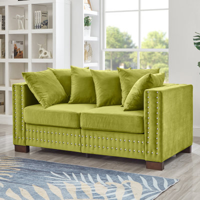 Velours moderne pour 2 personnes avec accoudoirs carrés et clous argentés, sièges confortables, fonction de rangement, housse lavable avec garniture cloutée, sièges à ressorts,