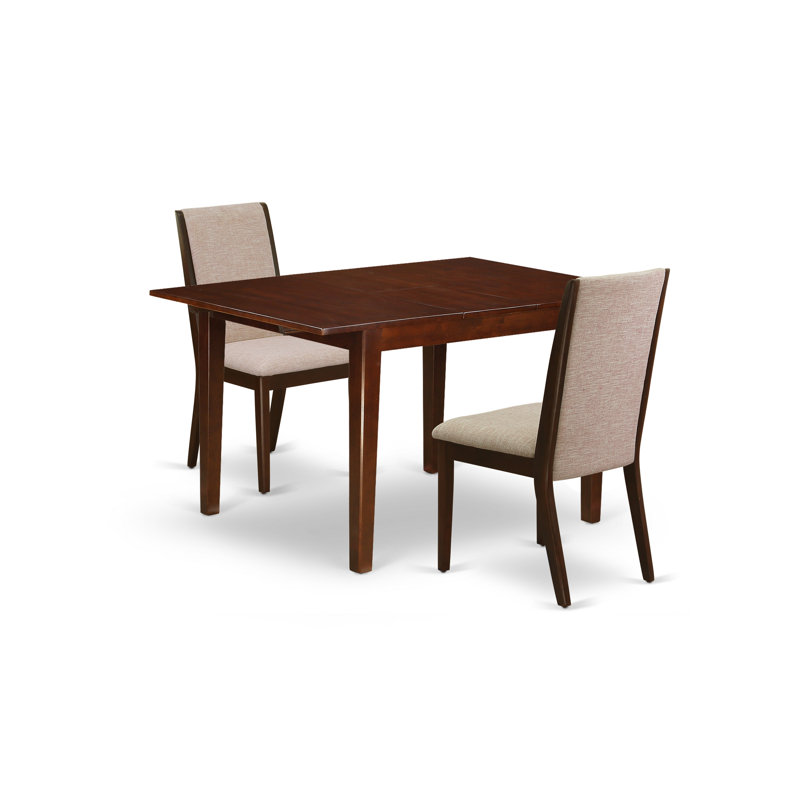 3 Piece Dining Set Contains a Rectangle Dining Room Table with Butterfly Leaf and 2 Light Tan Linen Fabric Upholstered Chairs, Mahogany