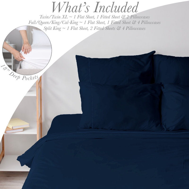 6 Piece Ultra Soft Double Brushed Microfiber Sheet Set, Cooling Sheets with Extra Deep Pockets - Machine Washable, Navy
