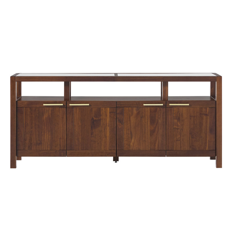 Modern Solid Wood  TV Stand With Glass Top, Walnut, 27"H x 70"L x 16"W