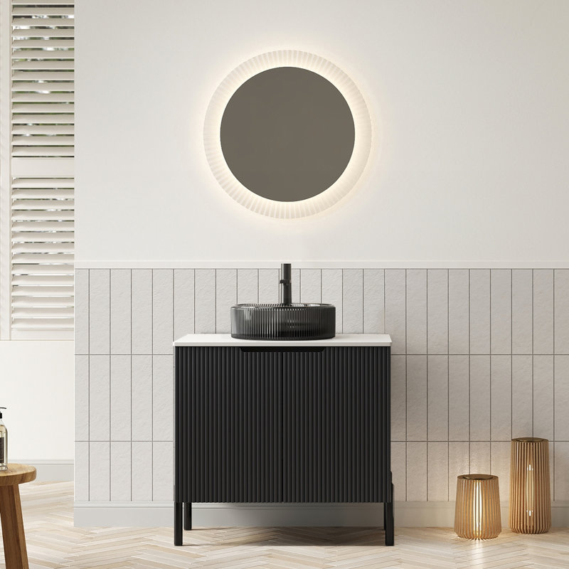 Meuble-lavabo autoportant de 24 po avec lavabo rond en verre noir transparent, 2 portes, comptoir en pierre frittée blanche, système de fermeture en douceur pour une utilisation à long terme 24